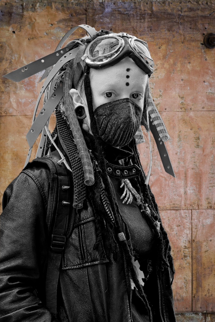 A person in elaborate steampunk costume at Whitby Goth Festival, wearing aviator goggles, face covering, and intricate leather harness with metallic details and strapping, photographed in black and white against a stone wall.